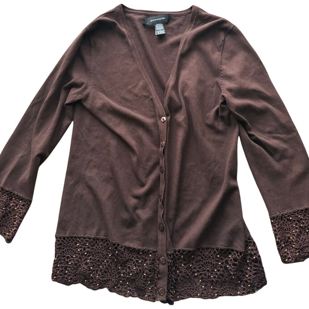 Pointelle Brown Silk Blend Beaded Lace Trim Cardigan Cottagecore Women